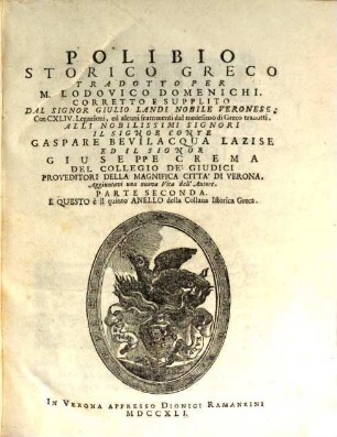 Polibio Storico Greco De' Fatti De' Romani, 2. E Questo è il quinto Anello della Collana Istorica Greca