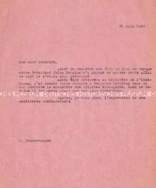 Durchschlag eines maschinenschriftlichen Briefes von Lion Feuchtwanger (in französischer Sprache)