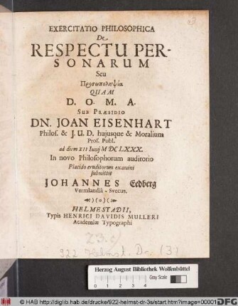 Exercitatio Philosophica De Respectu Personarum Seu Prosōpolēpsia