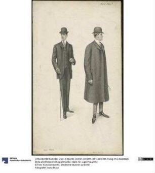 Zwei elegante Herren vor dem Ritt: Einreiher-Anzug im Edwardian Style und Reiter im Raglanmantel