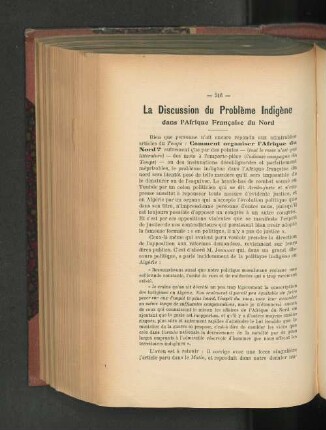 La Discussion du Problème Indigène dans l'Afrique Francaise du Nord.