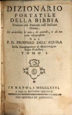 Dizionario Portatile Della Bibbia : Tradotto dal Francese nell'Italiano idioma, 1