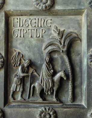 Tür der Porta di San Ranieri / Bronzetür mit Szenen zum neuen Testament — linker Türflügel — zweite Bildreihe, rechtes Feld: Flucht nach Ägypten