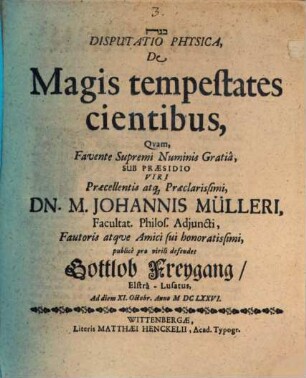 Disputatio Physica, De Magis tempestates cientibus