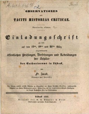 Einladungsschrift zu den ... öffentlichen Prüfungen, Versetzungen und Redeübungen der Schüler des Catharineums in Lübeck. 1842