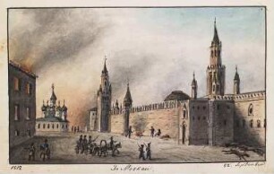 'In Moskau' Soldaten in der brennenden Stadt, Stadtmauer, Kirchen; Aquarell