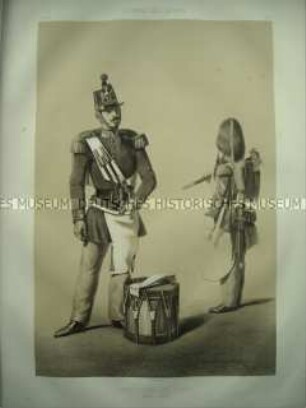 Uniformdarstellung, Tambour und Sappeur der Linien-Infanterie, Frankreich, 1859. Tafel 11 im Buch: Armand-Dumaresq: Uniformes de l'Armée Française.