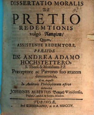 Dissertatio moralis de pretio redemtionis, vulgo Rantzion