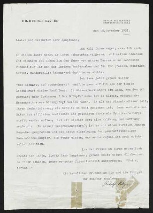 Brief von Rudolf Kayser an Gerhart Hauptmann