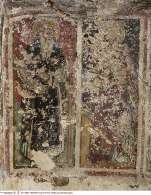 Freskendekoration: Christus Pantokrator, Gandenstuhl, Madonna und Heilige, Rechte Wand, links: Die Heiligen Antonius Abbas und Andreas