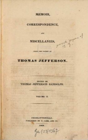 Memoir, correspondence and miscellanies from the papers of Thomas Jefferson, 2 (1829)
