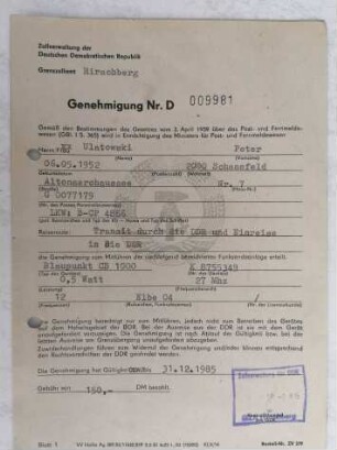 Genehmigung D DDR-Zoll Mitnahme von Funksendeanlagen