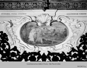 Ausmalung des Oratorio della Santissima Trinità : Wanddekoration : Heilige und Selige der Familie Piccolomini: Der selige Ambrogio Piccolomini vertreibt die Dämonen