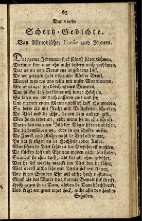 Dat veerde Scherz-Gedichte. Van Allmodischer Pöesie und Rymen.