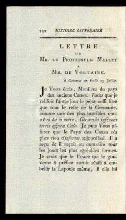 Lettre de Mr. le Professeur Mallet a Mr. de Voltaire.