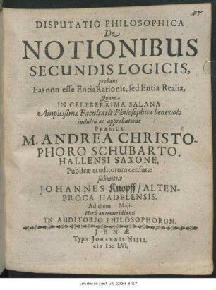 Disputatio Philosophica De Notionibus Secundis Logicis, probans Eas non esse Entia Rationis, sed Entia Realia