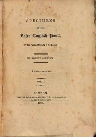 Specimens of the later English poets : with preliminary notices, Vol. I