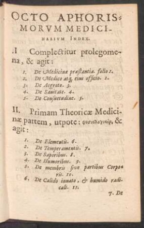 Octo Aphorismorum Medicinalium Index.