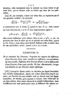 Chapitre II. De la contimuité des Fonctions. Propriétés des rapports des differences d´une Fonction d´une seule variable aux differences correspondantes de cette variable. Définition de la Fonction dérivée et de la différentielle d´une Fonction d´une seule variable. De leur détermination, lorsque cette dernière est une Fonction simple algébrique.