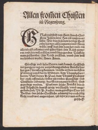 Allen frommen Christen zu Regenspurg.