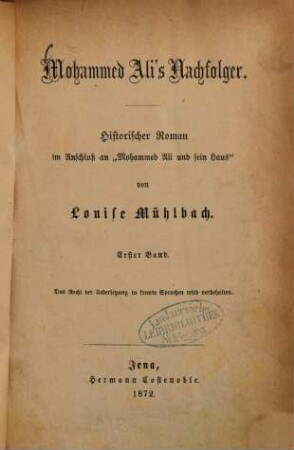 Mohammed Ali's Nachfolger : Historischer Roman im Anschluss an "Mohammed Ali und sein Haus" von Louise Mühlbach, 1