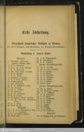 Erste Abtheilung. Häuserbuch : : Erste Abtheilung. Verzeichniß sämmtlicher Gebäude in Plauen, mit ihren Besitzern, nach Reihenfolge der Brandcatasternummern