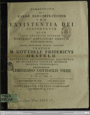 Commentatio Qua Variae Demonstrationes Pro Existentia Dei