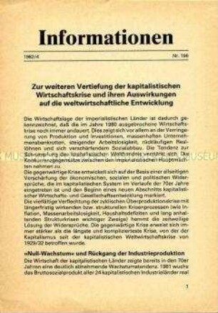 Parteiinformation der SED über die wirtschaftliche Entwicklung in den kapitalistischen Ländern