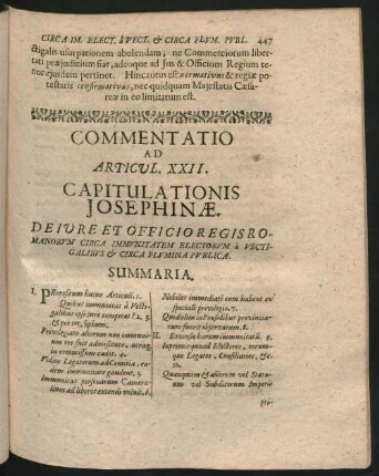 Commentatio Ad Articul. XXII. Capitulationis Josephinae. De Iure Et Officio Regis Romanorum Circa Immunitatem Electorum ...