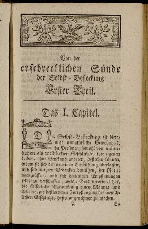 Von der erschrecklichen Sünde der Selbst-Befleckung Erster Theil