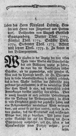 Leben des Herrn Nicolaus Ludwig, Grafen und Herrn von Zinzendorf und Pottendorf. T.4-8.