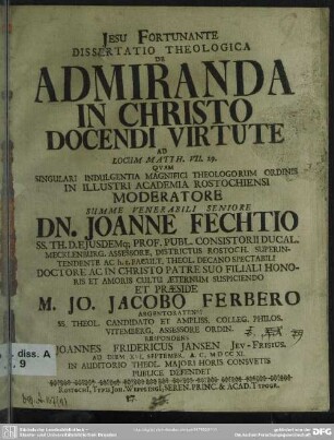 Dissertatio Theologica De Admiranda In Christo Docendi Virtute Ad Locum Matth. VII. 29.