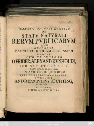 Dissertatio Ivris Gentivm : De Statv Natvrali Rervm Pvblicarvm