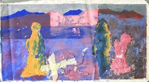 Figuren in farblich abstrahierter Landschaft