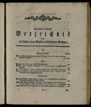 Alphabetisches Verzeichnß deren in diesem 3ten Bande enthaltenen Sachen.