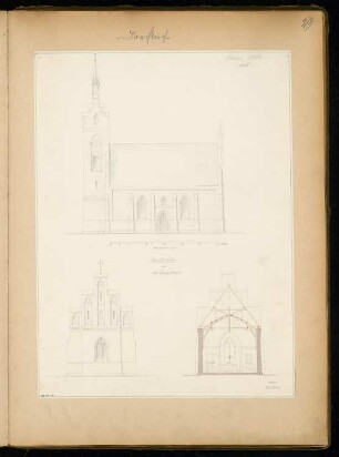 Dorfkirche für 250 Personen Monatskonkurrenz März 1860: Aufriss Seitenansicht, Choransicht, Querschnitt (Richtung Altar) 1:120; Maßstabsleiste
