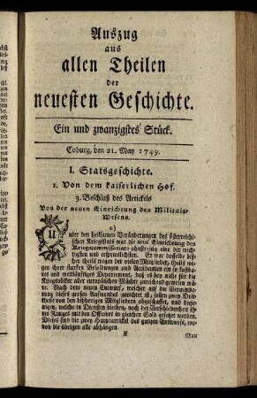 Ein und zwanzigstes Stück. Coburg, den 21. May. 1749.