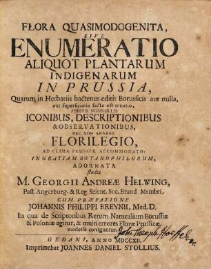 Flora quasimodogenita : Sive enumeratio aliquot plantarum indigenarum in Prussia, Quarum in Herbariis hactenus editis borussicis aut nulla, aut superficiaria facta est mentio, additis nonnullis iconibus, descriptionibus et observationibus, nec non annexo florilegio, ad clima Prussiae accomodato. Cum praefatione Johannis Philippi Breynii