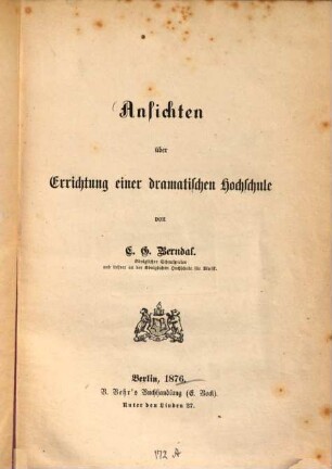 Ansichten über Errichtung einer dramatischen Hochschule