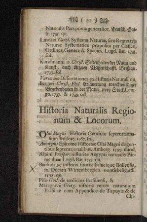 Historia Naturalis Regionum & Locorum.