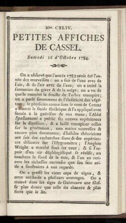 No CXLIV (Samedi 16 d´Okobre 1784)