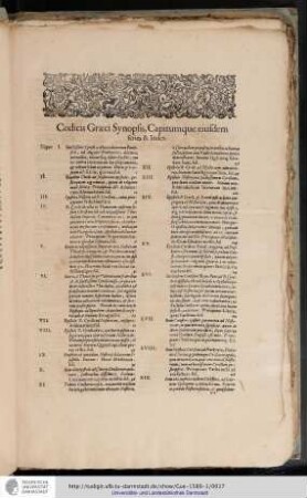 Codicis Graeci Synopsis, Capitumque eiusdem series & Index