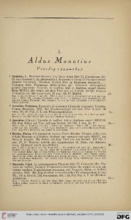 I. Aldus Manutius (Nr.1-148)