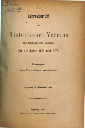 Jahresbericht des Historischen Vereins von Schwaben und Neuburg. 1876/77