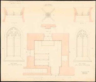 Schlosskapelle, Pitschen: Grundriss, Grundriss und Aufriss der beiden Fenster, Details, Maßstabsleiste
