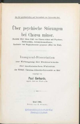 Über psychische Störungen bei Chorea minor : (Bericht über einen Fall von Chorea minor mit Psychose, Endocarditis, Gelenkrheumatismus, Nachweis von Staphylococcus pyogenes albus im Blut)