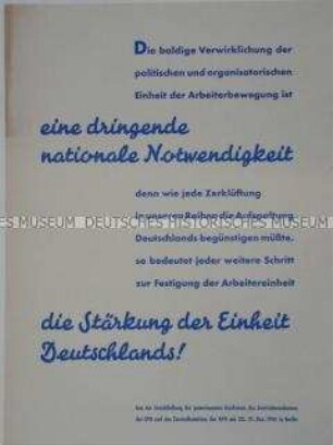 Maueranschlag mit einem Zitat aus der Entschließung der gemeinsamen Konferenz von KPD und SPD in Berlin im Dezember 1945