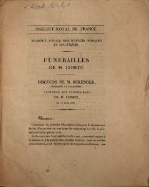 Funérailles de M. Comte : discours de M. Bérenger ... le 15 avril 1837