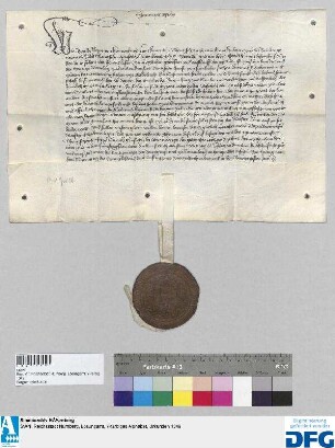 Das Landgericht des Burggraftums Nürnberg stellt ein Vidimus aus über eine Einigung zwischen der Stadt Nürnberg und dem Deutschen Orden aus 11. Juni 1350.