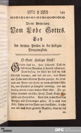 Vierte Abtheilung Vom Lobe Gottes. Lob der dritten Person in der heiligen Dreyeinigkeit.